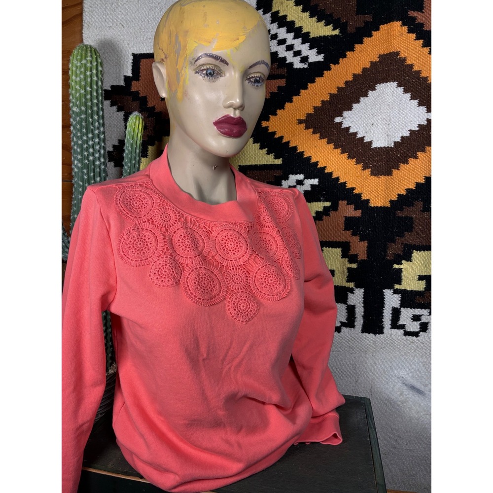 Talbots Sweatshirt Womens SP Coral Pink Excellent Crochet Lace Bib Pullover